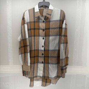 Cupshe Long Sleeve Plaid Flannel Brown White Button Shirt Size Large EUC